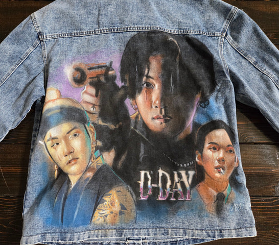 SUGA Agust D Denim Jacket – Hand-Painted Airbrushed Three-Image D-Day Jacket - (XXL)
