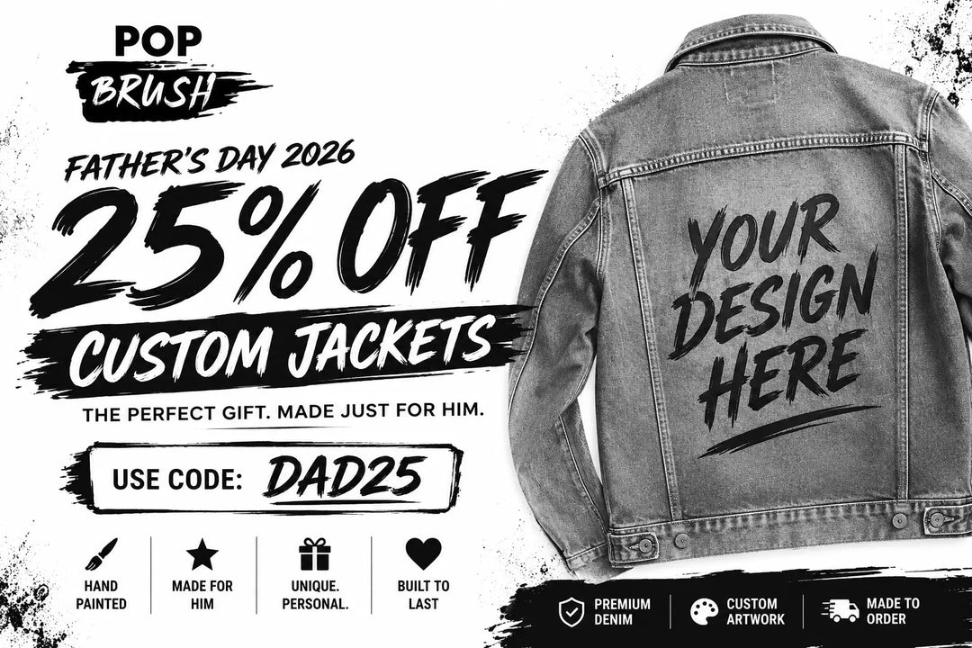 PopBrush Father's Day Sale 2026 — custom hand-painted airbrush denim jackets 25% off with code DAD25