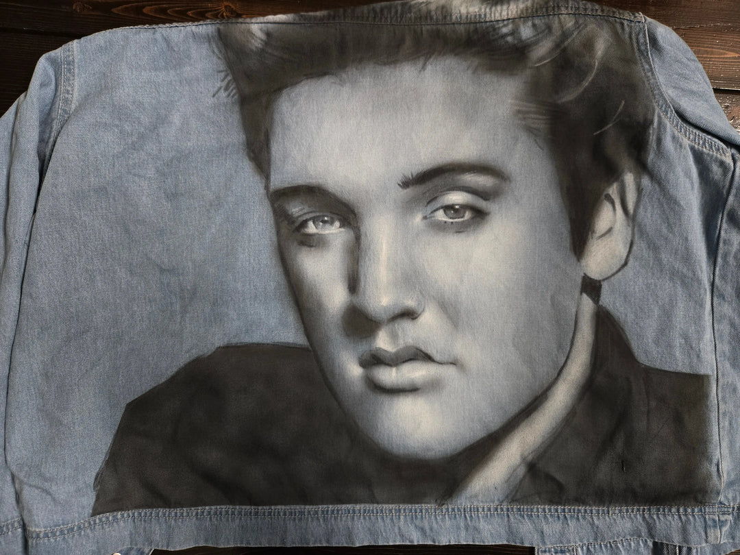 Hand-painted Elvis Presley portrait on custom denim jacket