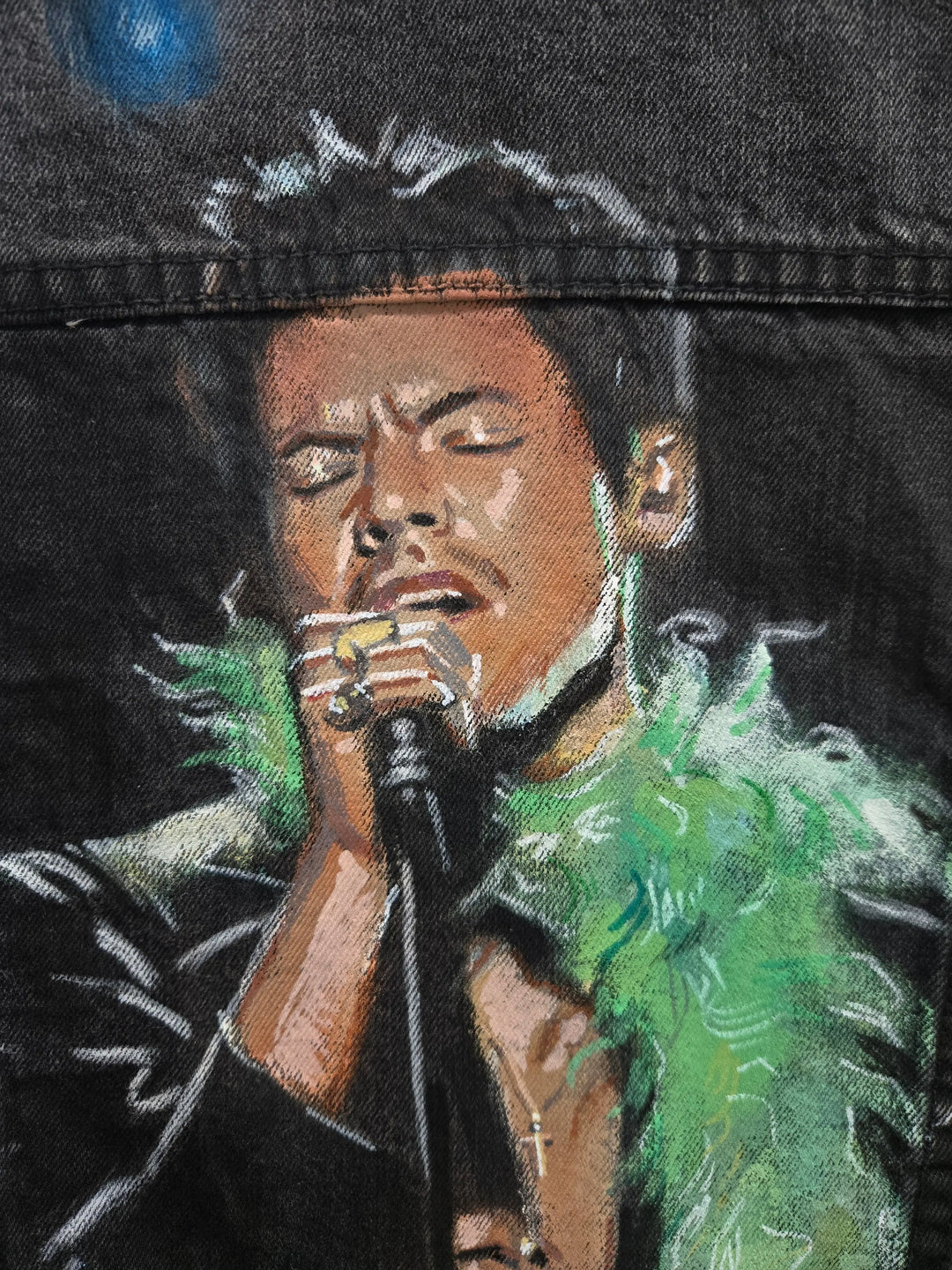 Hand-painted Harry Styles portrait on vintage denim jacket