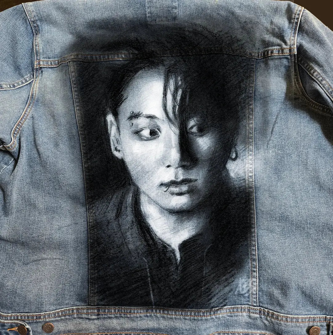 Jungkook Denim Jacket: Hand-Painted Wearable Art Inspired by BTS's Golden Maknae Pop Brush - Adam Benet Shaw