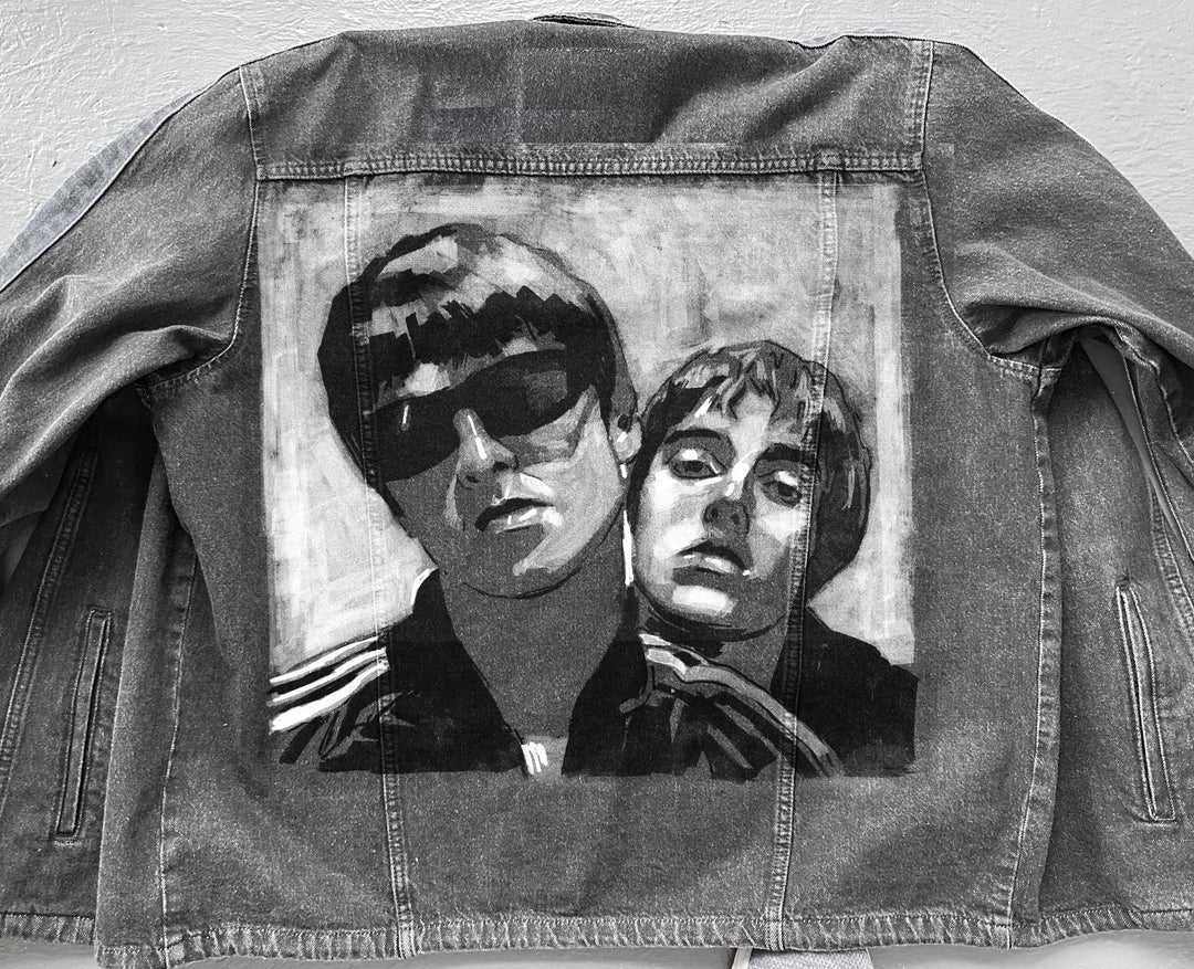 Oasis custom hand-painted denim jacket by PopBrush