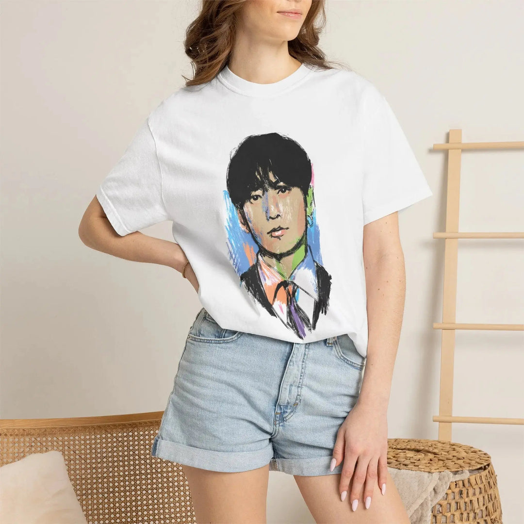 Colorful Hand-Drawn Portrait of JK of BTS Graphic Tee Printify - Adam Benet Shaw