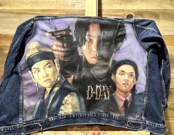 Hand-painted Agust D airbrushed denim jacket with D-DAY artwork