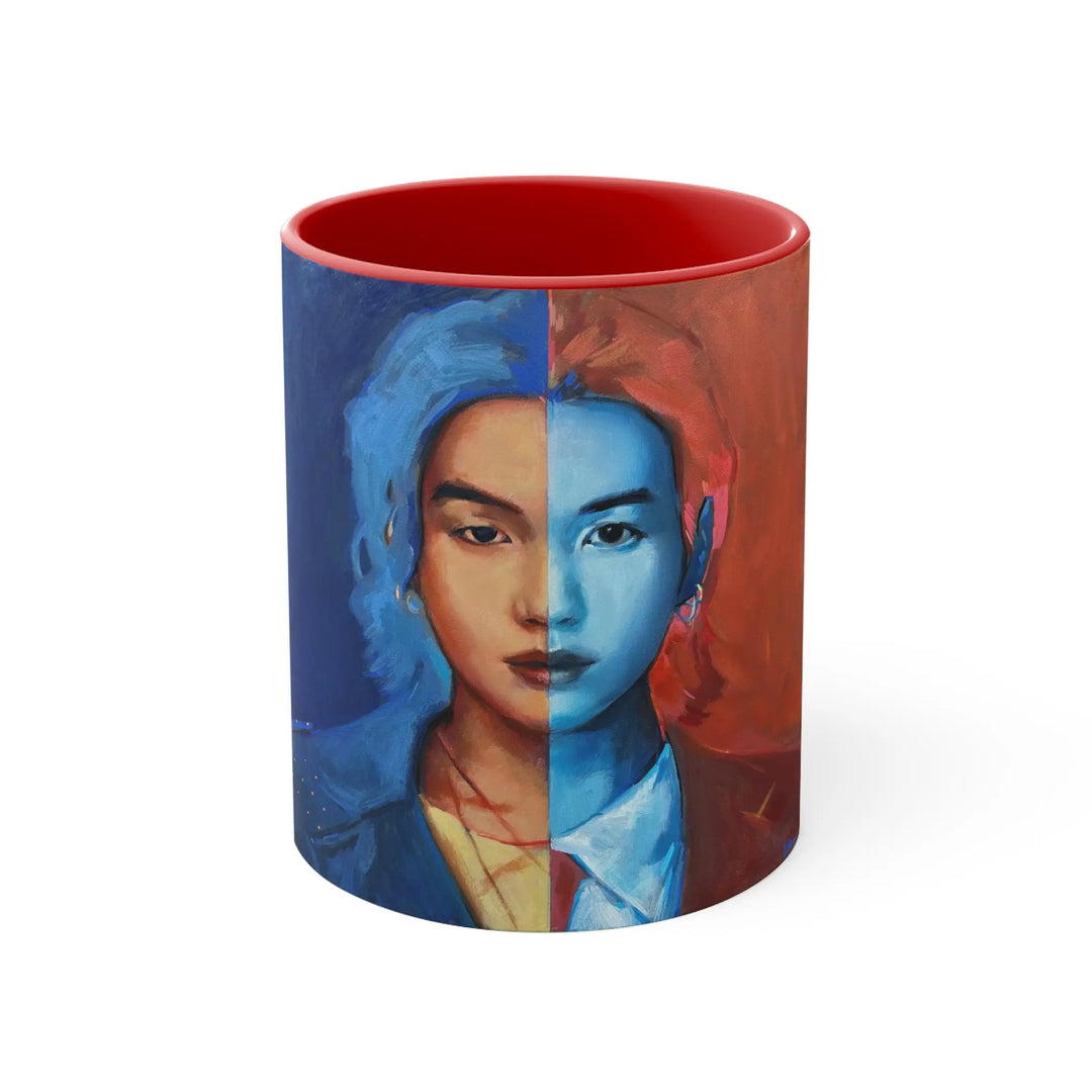 Agust D/Suga of BTS Portrait Accent Mug | Split Blue Red Face Ceramic Coffee Cup Printify - Adam Benet Shaw
