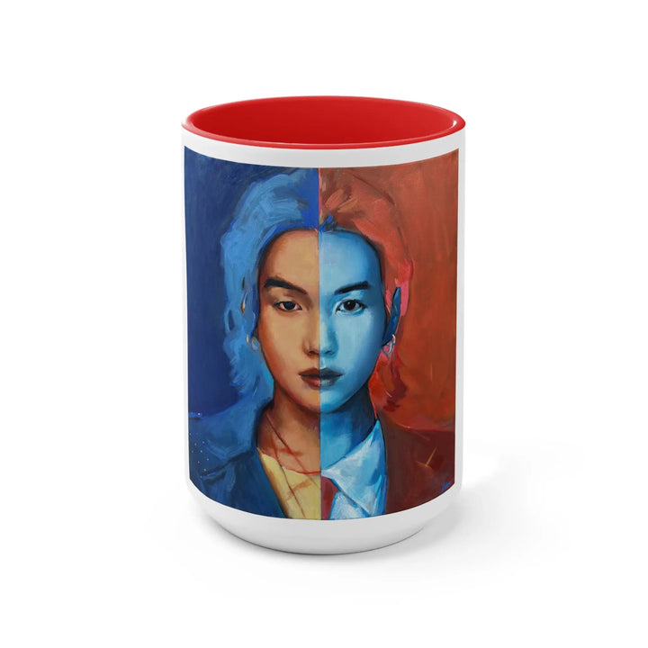 Agust D/Suga of BTS Portrait Accent Mug | Split Blue Red Face Ceramic Coffee Cup Printify - Adam Benet Shaw