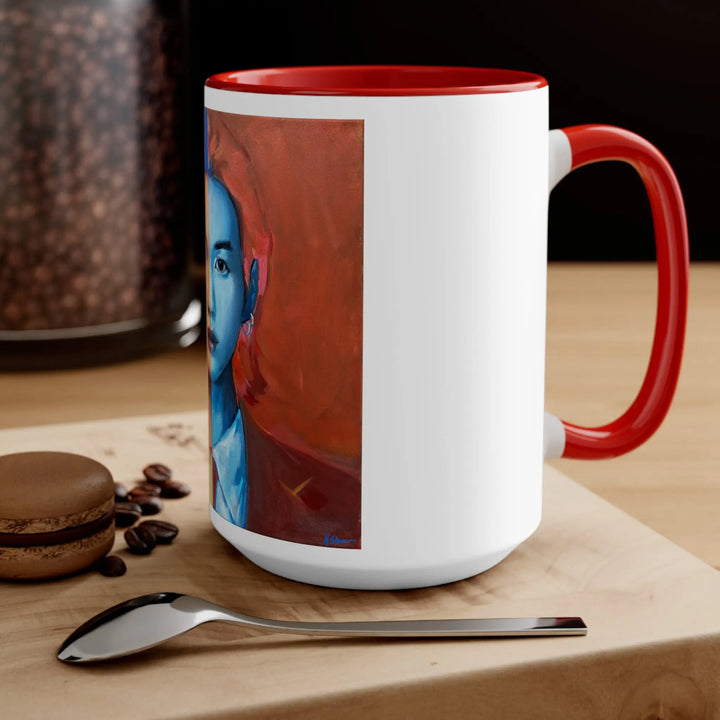 Agust D/Suga of BTS Portrait Accent Mug | Split Blue Red Face Ceramic Coffee Cup Printify - Adam Benet Shaw