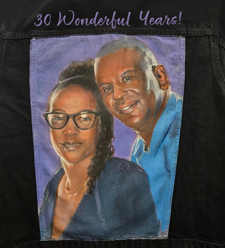 Anniversary Custom Denim Jacket – Hand-Painted Airbrushed Portrait Jacket Pop Brush - Adam Benet Shaw