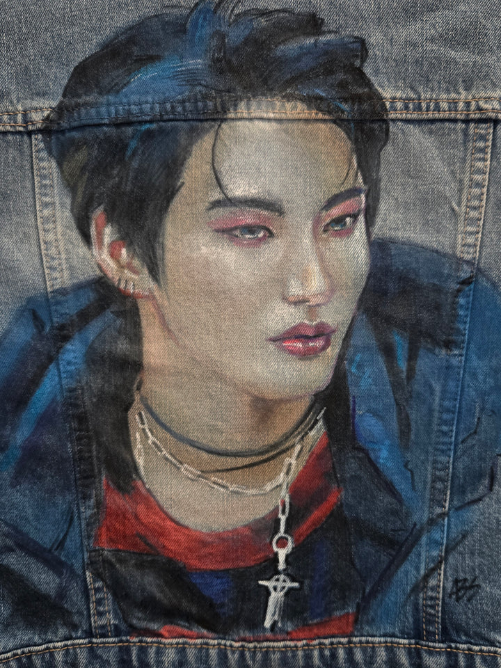  Detailed airbrush of Seonghwa’s portrait on custom ATEEZ denim jacket