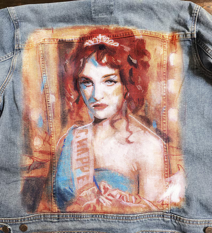Hand-painted Chappell Roan portrait in prom look on denim jacket