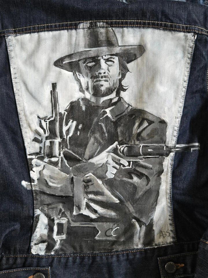 Close-up of airbrushed and hand-painted details on Clint Eastwood denim jacket