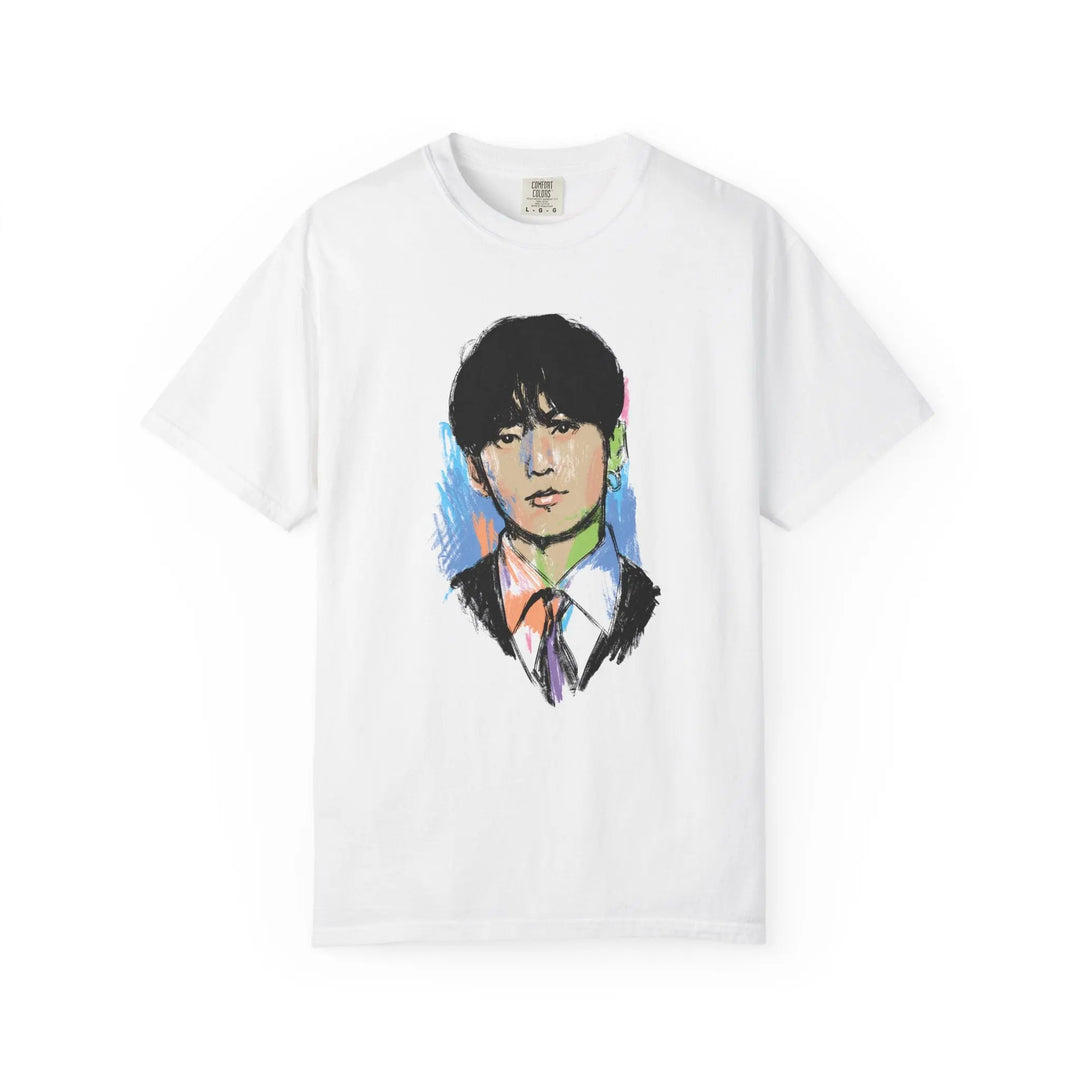 Colorful Hand-Drawn Portrait of JK of BTS Graphic Tee Printify - Adam Benet Shaw