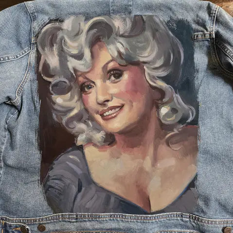 Dolly Parton Denim Jacket – Hand-Painted Airbrushed Dolly Parton Jacket Pop Brush - Adam Benet Shaw