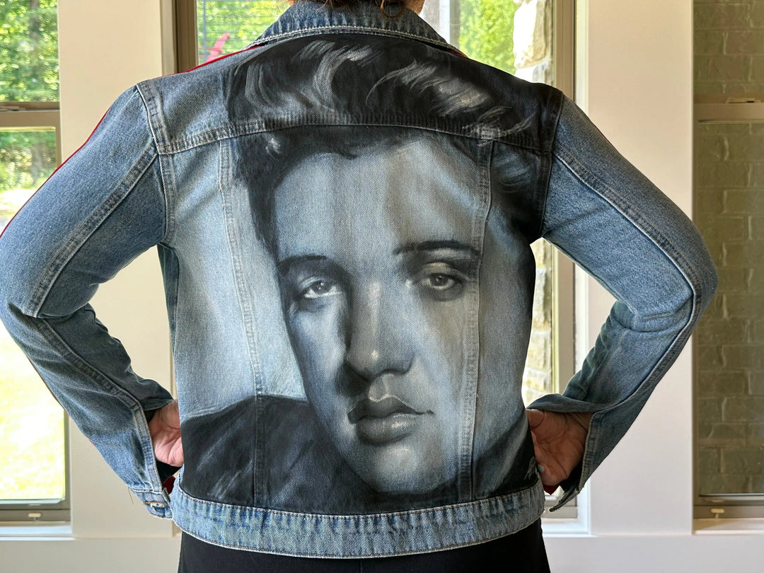 Hand-painted Elvis Presley Denim Jacket on Model