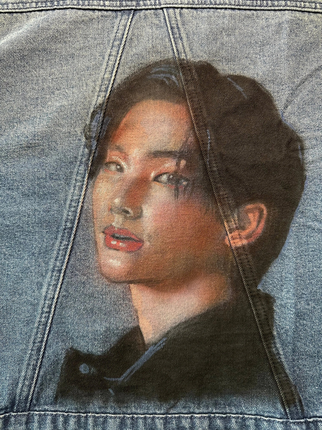 Back view of Hyunjin Stray Kids hand-painted airbrushed denim jacket