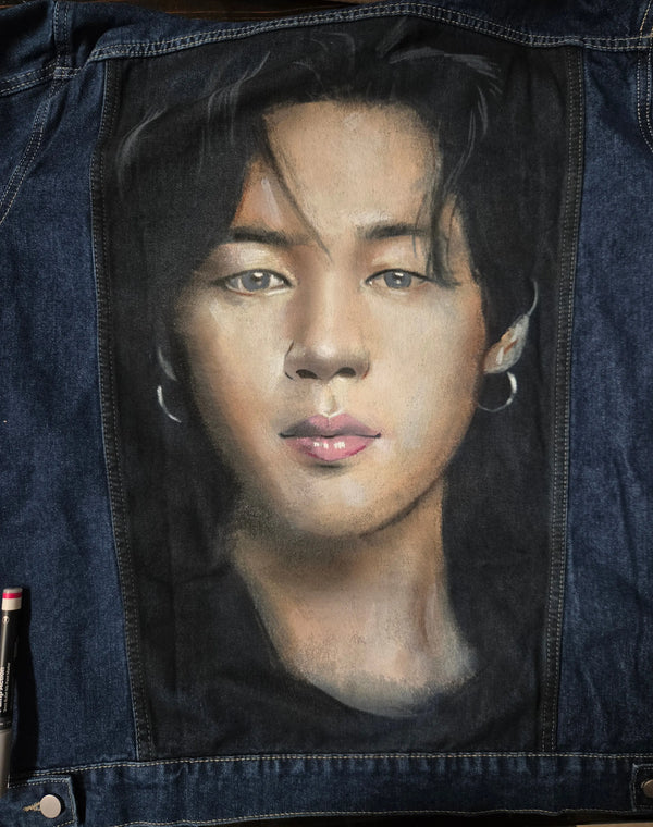Jimin BTS portrait airbrush denim jacket hand-painted by PopBrush