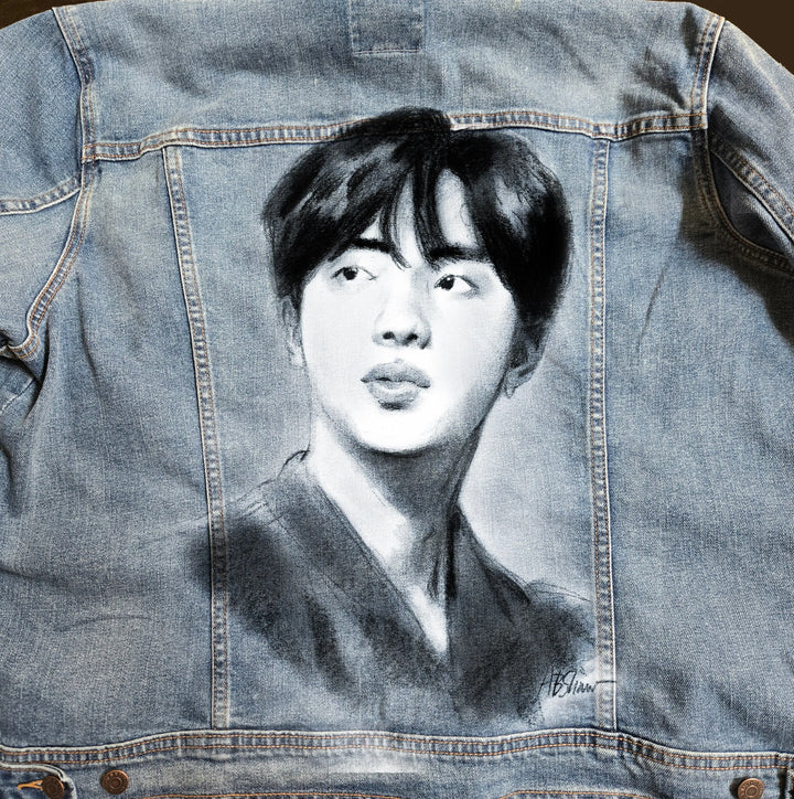Jin BTS Custom Denim Jacket – Hand-Painted Airbrushed Charcoal Jin Jacket Pop Brush - Adam Benet Shaw