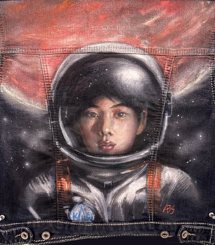 Hand-painted Jin BTS airbrushed denim jacket with spacesuit artwork