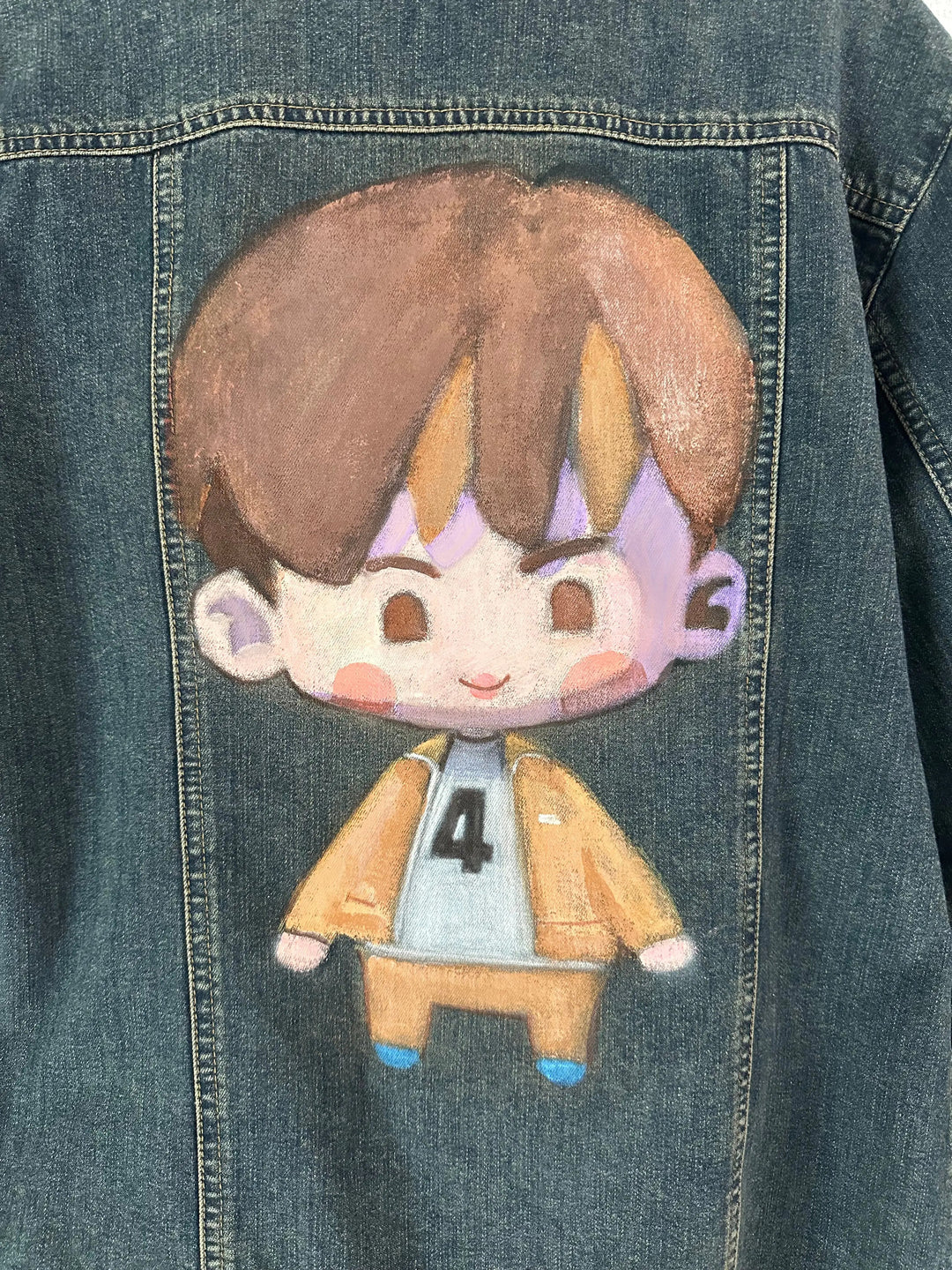 Airbrushed Jin SEOM chibi character design on denim jacket