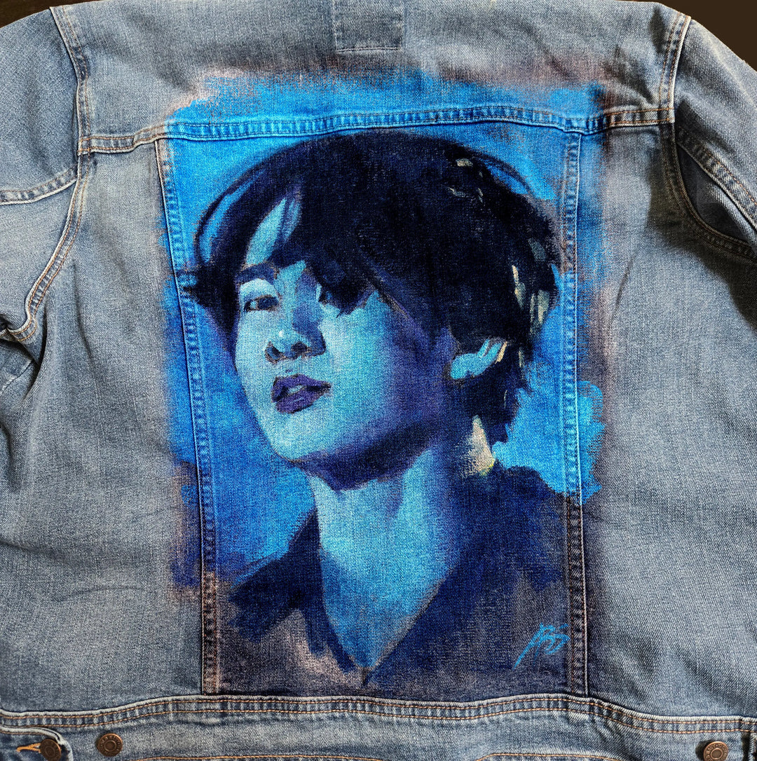 Jungkook BTS Custom Denim Jacket – Hand-Painted Airbrushed Blue Jungkook Jacket Pop Brush - Adam Benet Shaw