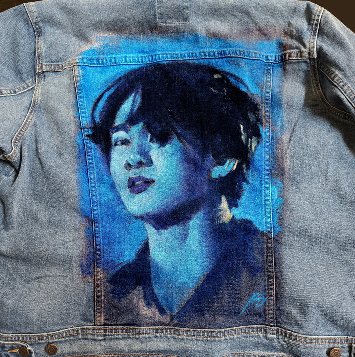 Jungkook BTS Custom Denim Jacket – Hand-Painted Airbrushed Blue Jungkook Jacket Pop Brush - Adam Benet Shaw