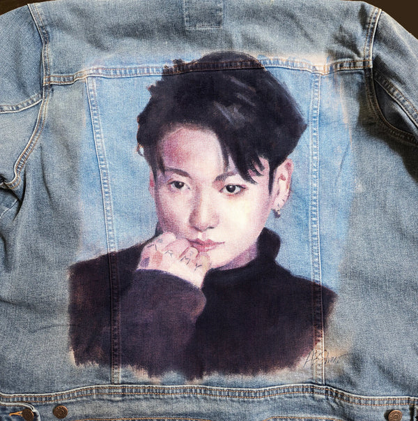 Jungkook BTS custom airbrush denim jacket hand-painted by PopBrush