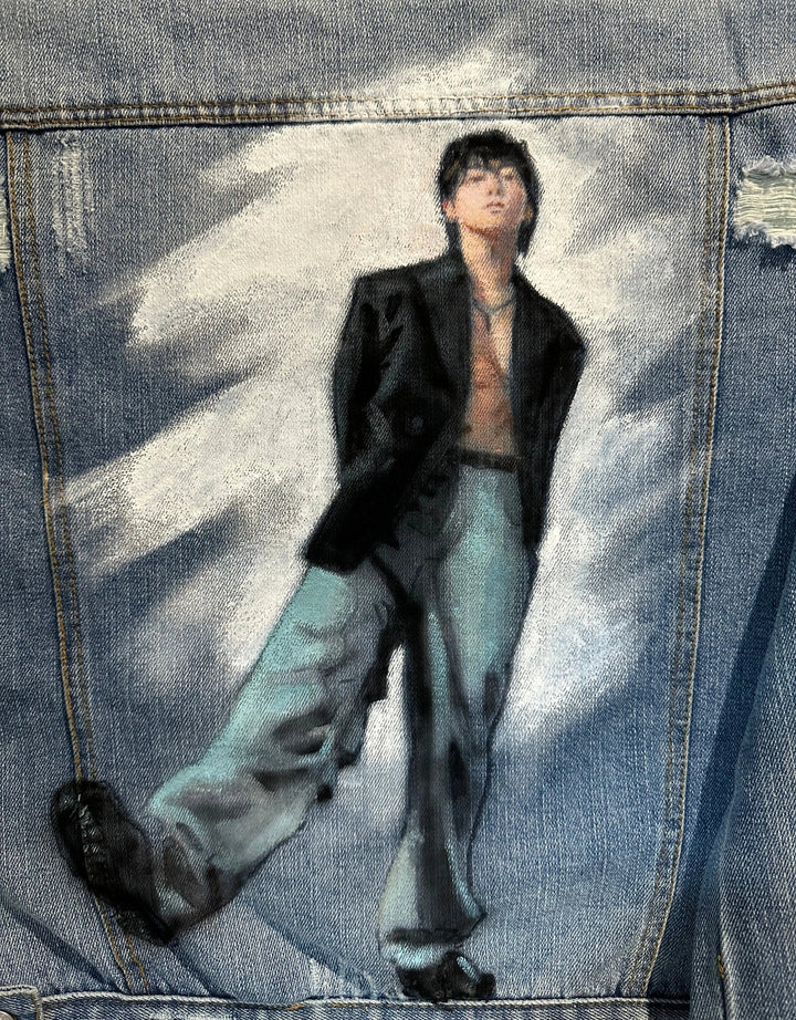 Back view of Jungkook BTS hand-painted airbrushed denim jacket
