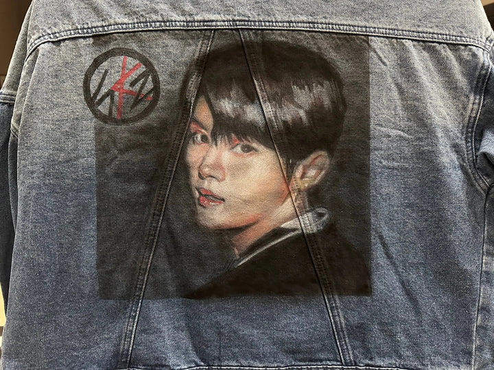 Back view of Lee Know Stray Kids hand-painted airbrushed denim jacket