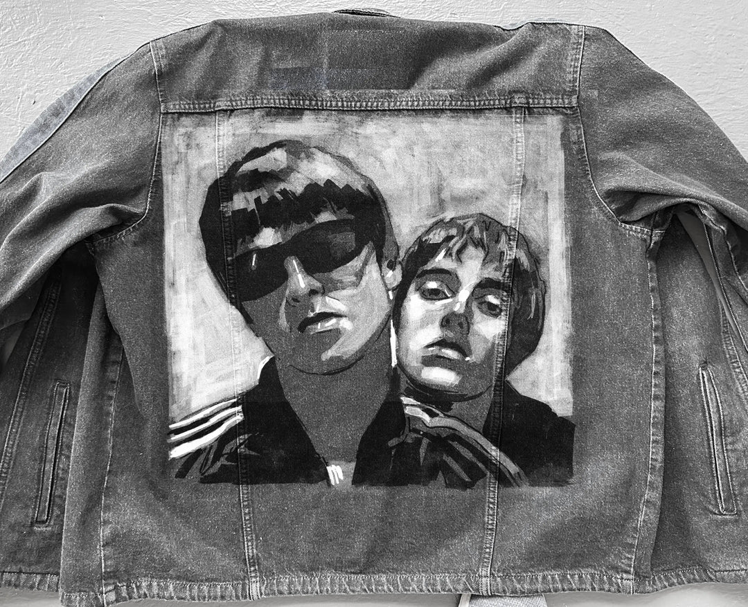 Oasis Custom Denim Jacket – Hand-Painted Airbrush Oasis Denim Jacket Pop Brush - Adam Benet Shaw