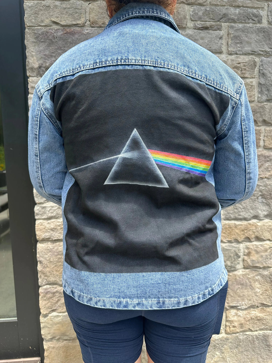 Custom painted Pink Floyd Denim Jacket on Model 1