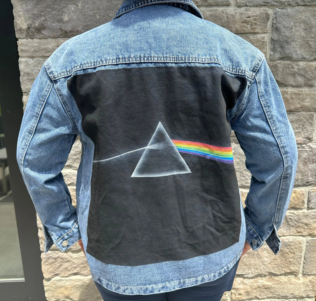 Custom painted Pink Floyd Denim Jacket on Model 2