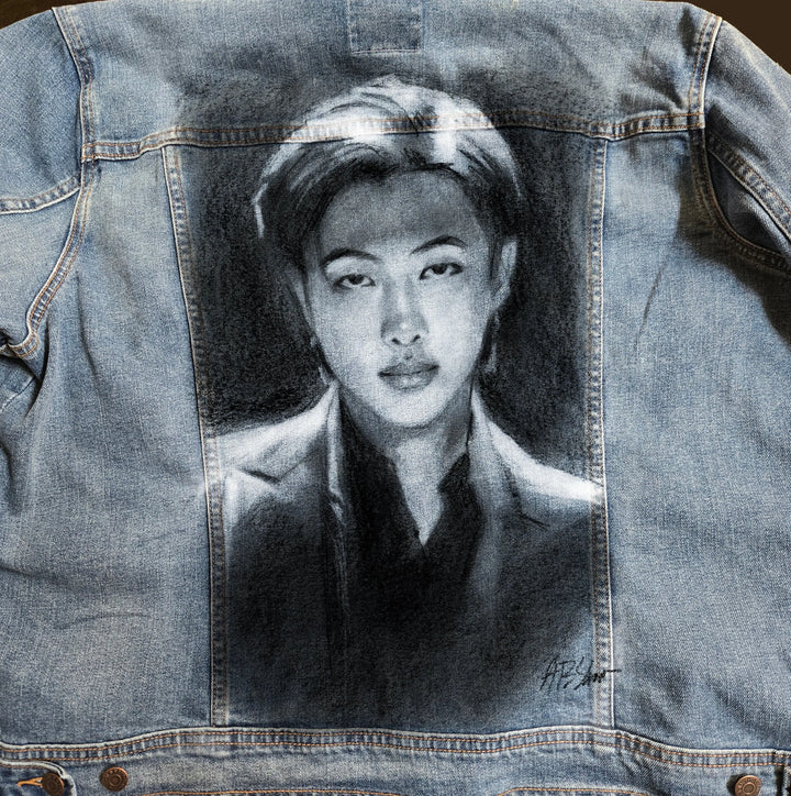 RM BTS Denim Jacket – Hand-Painted Airbrushed Charcoal RM Denim Jacket Pop Brush - Adam Benet Shaw