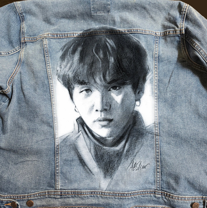 SUGA BTS Denim Jacket – Hand-Painted Airbrushed Charcoal SUGA Denim Jacket Pop Brush - Adam Benet Shaw