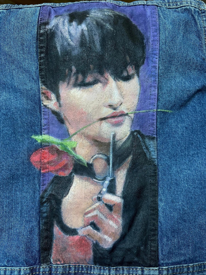 Seonghwa ATEEZ hand-painted denim jacket with rose-in-mouth design