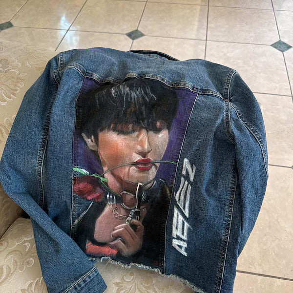 Seonghwa ATEEZ Custom Denim Jacket – Hand-Painted Airbrushed Seonghwa ATEEZ w/ Rose Jacket Pop Brush - Adam Benet Shaw