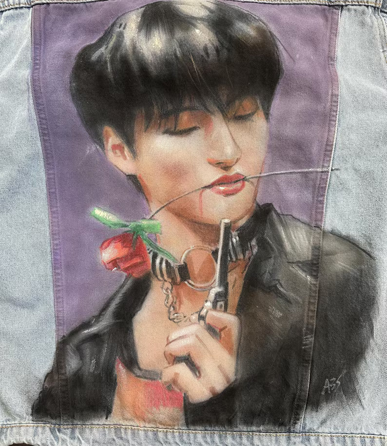 Seonghwa ATEEZ Custom Denim Jacket – Hand-Painted Airbrushed Seonghwa ATEEZ w/ Rose Jacket Pop Brush - Adam Benet Shaw