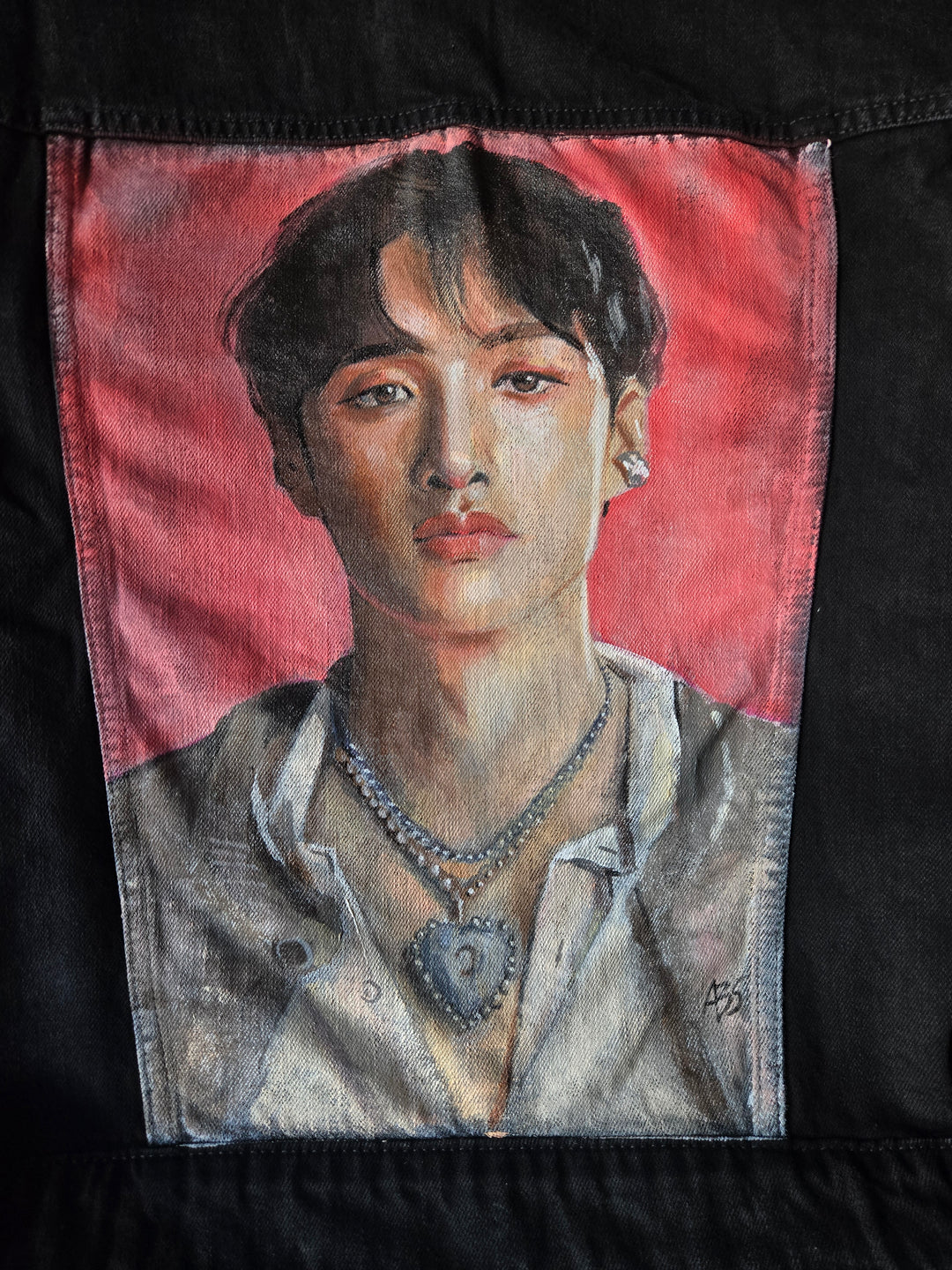 Back view of Bang Chan Stray Kids hand-painted airbrushed denim jacket