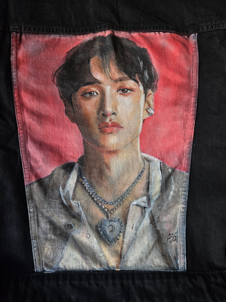Back view of Bang Chan Stray Kids hand-painted airbrushed denim jacket