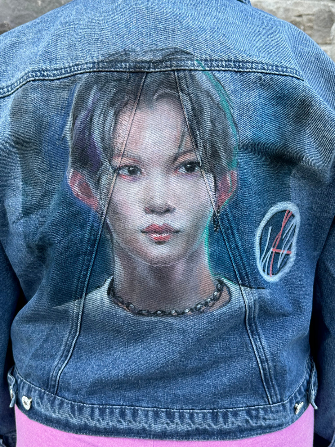 Back view of Felix Stray Kids hand-painted airbrushed denim jacket