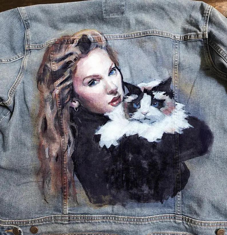 Taylor Swift Denim Jacket with Cat – Hand-Painted “Cat Era” Swiftie Art Pop Brush - Adam Benet Shaw