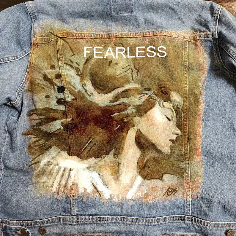 Taylor Swift “Fearless” Custom Denim Jacket – Hand-Painted Swiftie Fan Art Pop Brush - Adam Benet Shaw