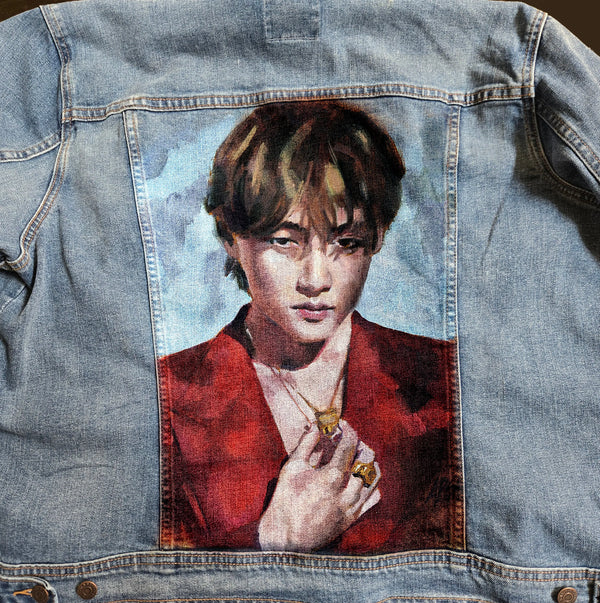 V BTS custom airbrush denim jacket hand-painted by PopBrush