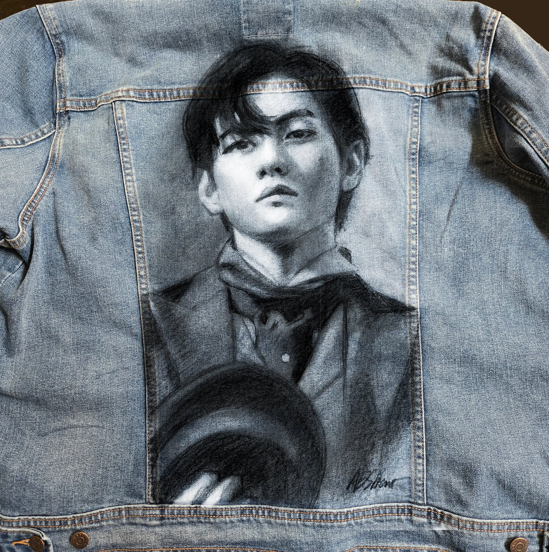 V BTS Denim Jacket – Hand-Painted Airbrushed Charcoal V Denim Jacket Pop Brush - Adam Benet Shaw